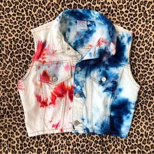 Vintage Vest Bongo Rework 90s Kid Core Tie Dye Denim Jean Vest Small USA Made